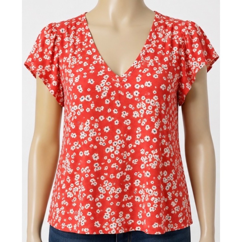Banana Republic Red Floral Flutter Sleeve V-Neck Cotton Modal Tee Top Small